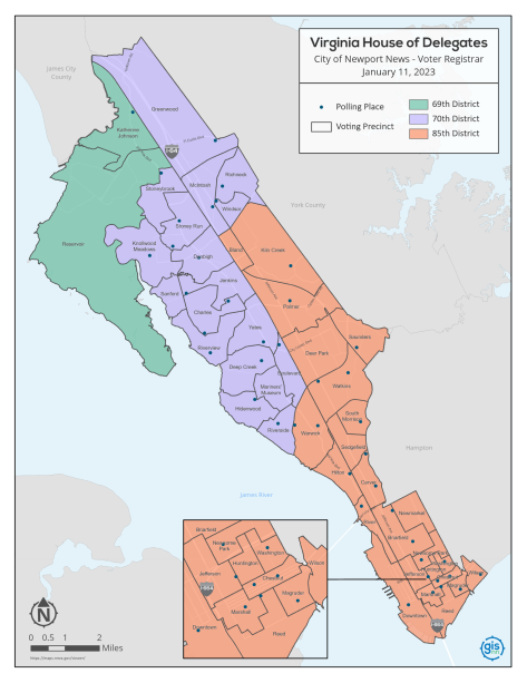 A map showing the districts for the Virginia House of Delegates that include the City of Newport News